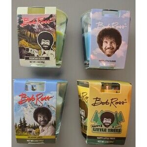 New Complete Set of 4 Bob Ross 3OZ Glass Single Wick Scented Candles Happy Trees